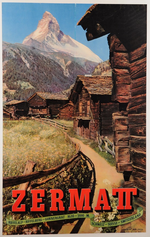 Original Vintage Swiss Travel Poster for the Zermatt Mountain Village in 1950  Print